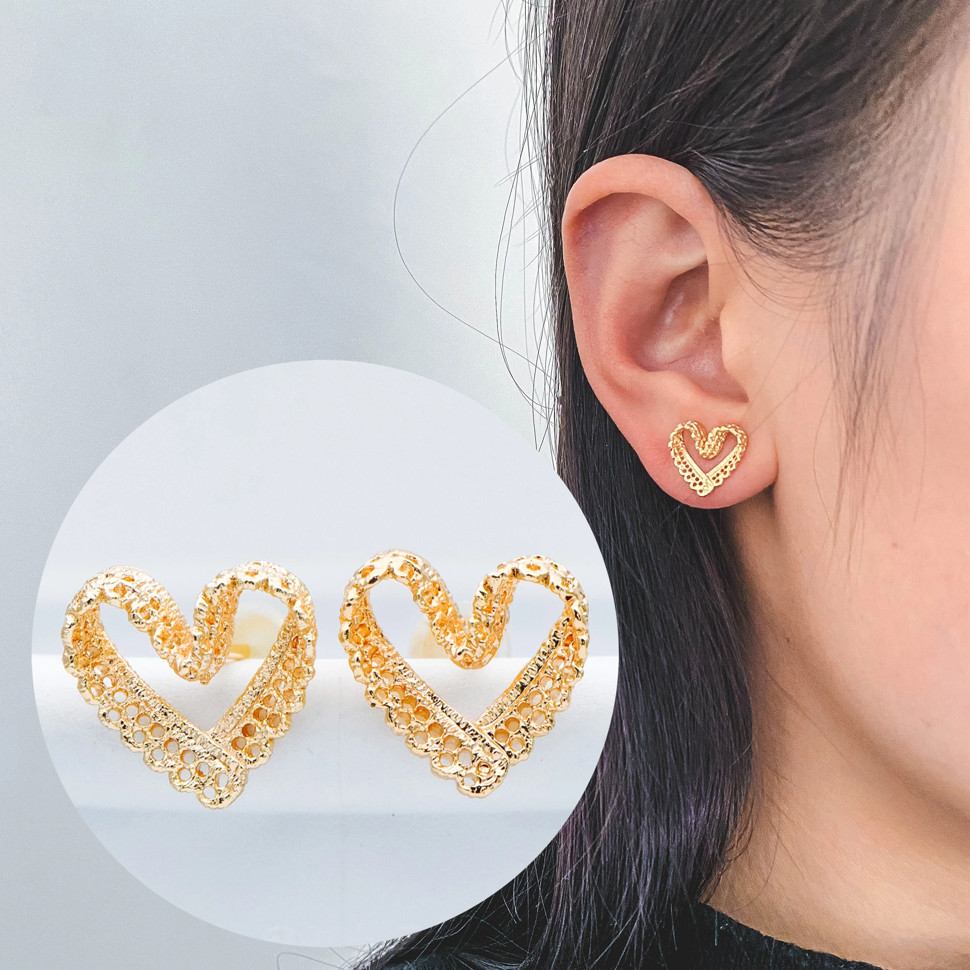 

10pcs Gold Heart Earring Posts, Filigree Ear Wire Stud Earring 12mm (GB-580)