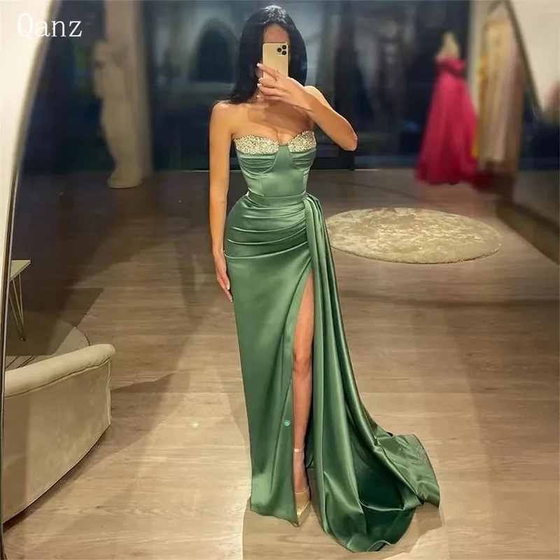 

Qanz Sexy Sparkle Evening Dresses Mermaid High Leg Slit Satin Strapless Party Prom Gown Floor Length Arabische Abendkleider