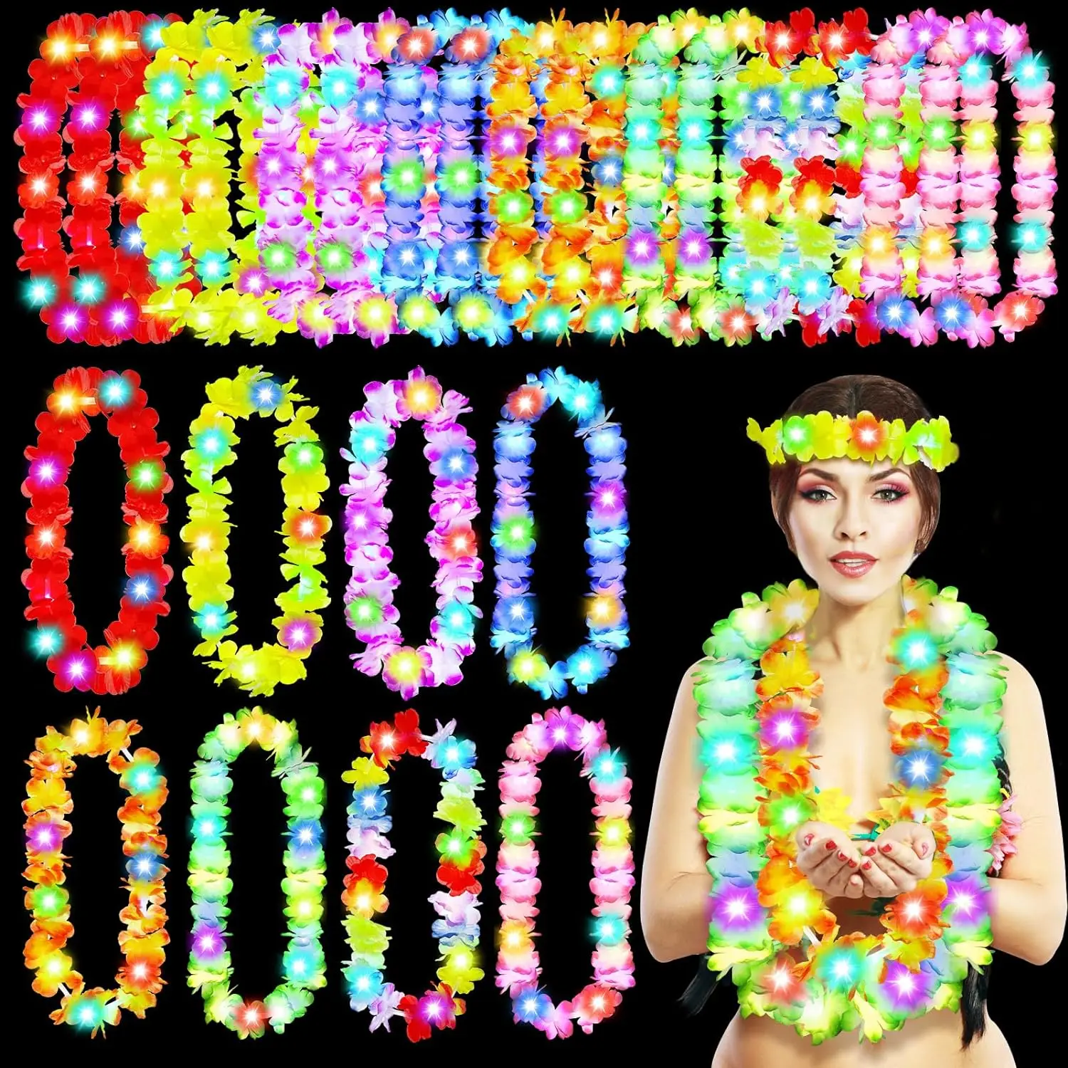 24Pcs LED Hawaiian Flower Lei Necklaces Tropical Glow Necklaces for Kids Adult Hawaii Luau Themed Party Carnival Beach Wedding