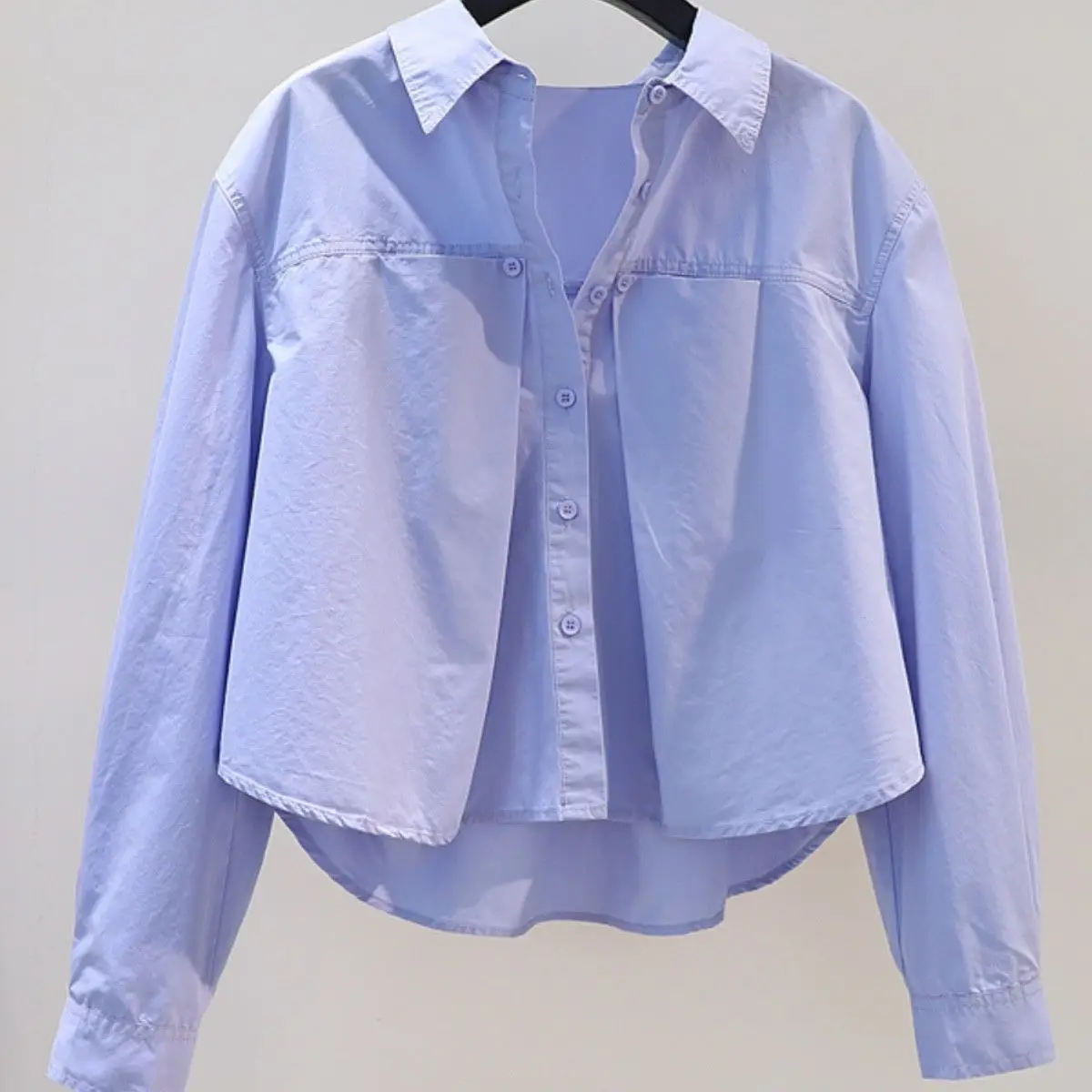 Camicia corta plissettata Design Sense, camicia in cotone a maniche lunghe allentata blu da donna, nuovo Top per la primavera/estate 2024