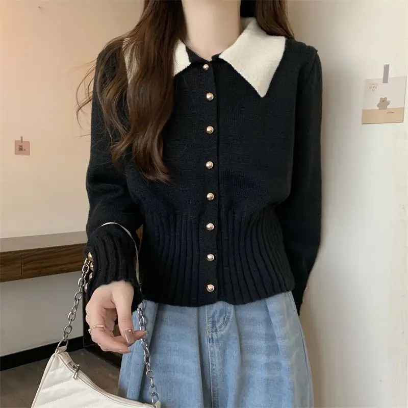 

Women AutumnWinter Knit PoloNeck Cardigan FauxTwoPiece ButtonFront ShortSweater FrenchChic BaseLayer Youthful Aesthetic