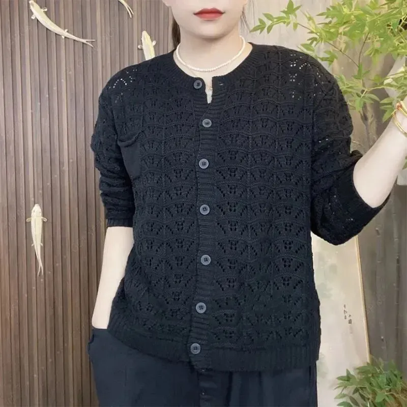 Primavera Nuovo Cardigan lavorato a maglia scavato Top Donna Moda Mamma O-Collo Maniche lunghe Maglione Scialle Maglieria Abbigliamento Donna B1232