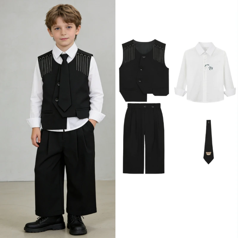 Conjunto de Traje Formal para Niños, Chaleco Verde Oliva con Detalles de Borlas, Camisa, Pantalones y Corbata, Atuendo de Caballero para Niños para Bodas, Fiestas y Sesiones de Fotos