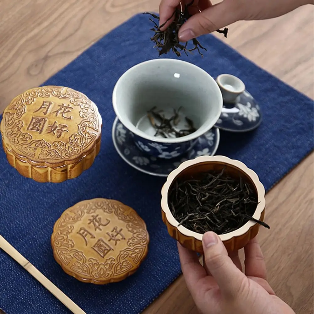 

Portable Ceramic Tea Storage Container Round Antique Mooncake Shape Tea Jar with Lid Sealed Small Storage Box Kitchen