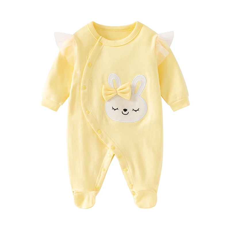 Newborn baby girl spring & fall jumpsuit with long sleeves pure cotton cute yellow cartoon embroidered rabbit