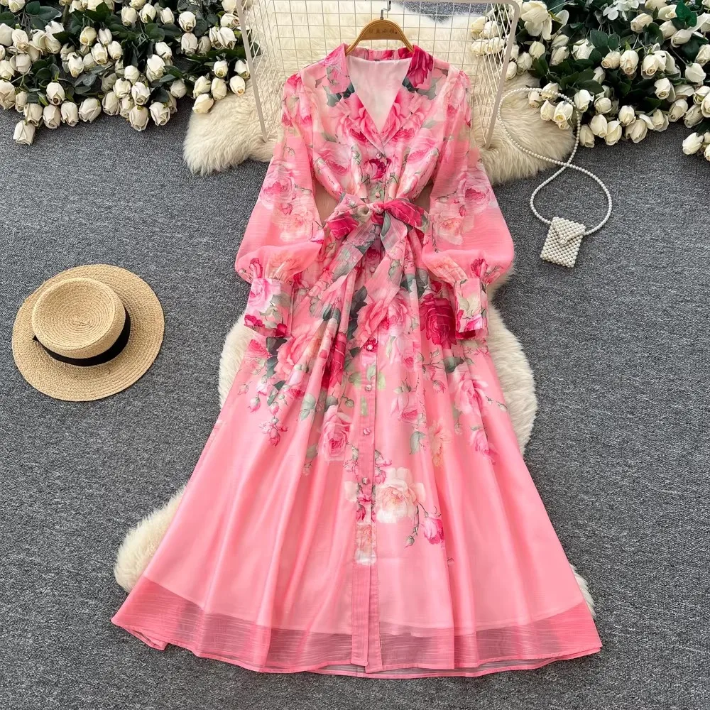 

026 Spring Holiday Beach Runway Dress Women's Notched Collar Single Breasted Floral Print Belt Long Boho Party Vestidos