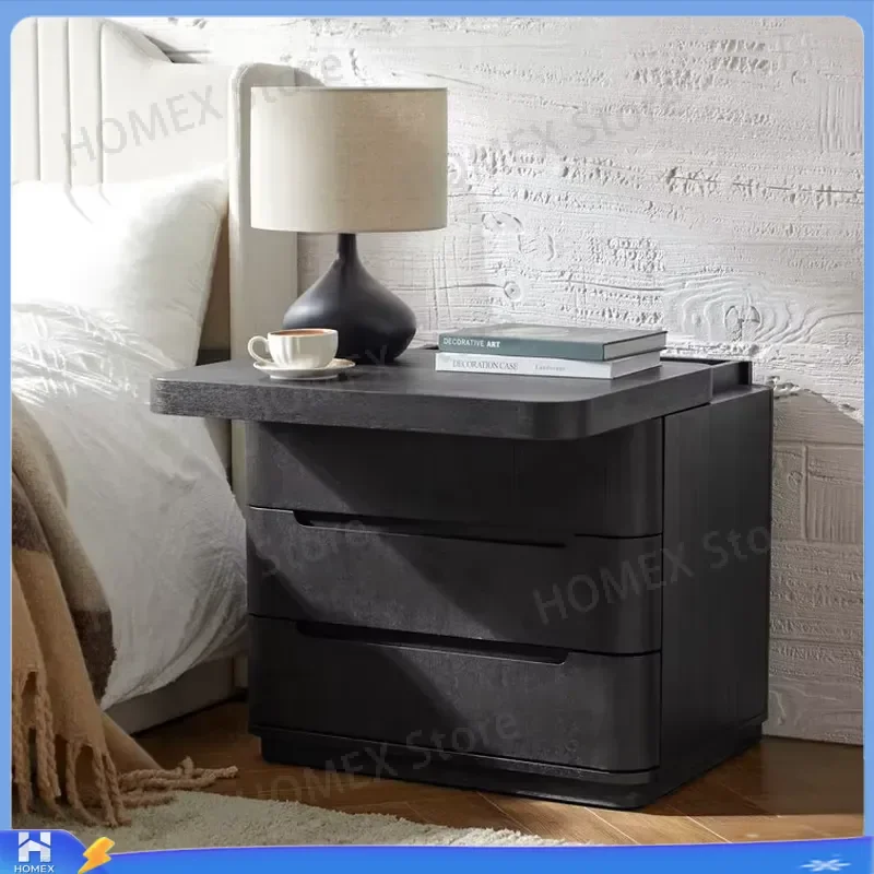 Modern Curved Nightstand with 3 Drawers Built-in Power Outlet Hidden Storage Large Bedside Table Bedroom Furniture Home Decor