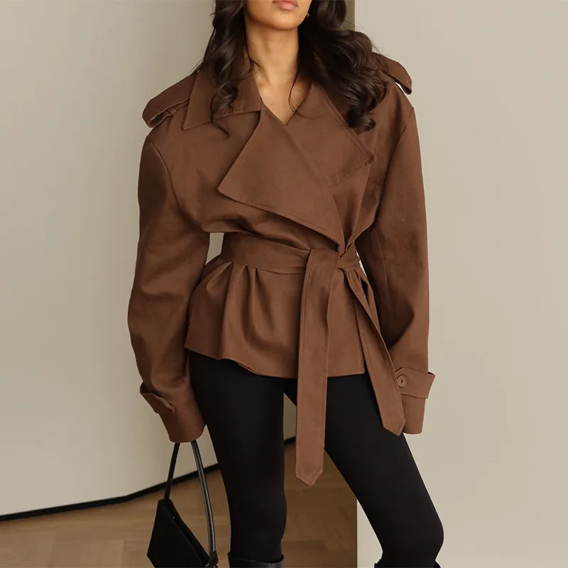 Traje azul marino de otoño para mujer, chaqueta de 1 pieza con cinturón, chaqueta cortavientos corta de manga larga, chaqueta de fiesta, abrigo Formal de oficina para mujer