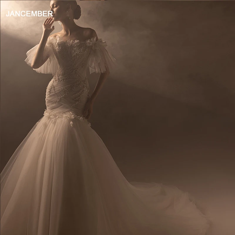 Jancember Superfine Flash Sale Wedding Dress 2024 Organza Mermaid Boat Neck Short Sleeves Zipper Beading Suknia ślubna LSMX046