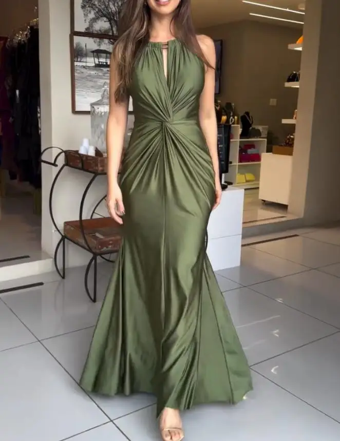 女性のサテンノースリーブ中空ツイストフロントイブニングドレス気質女性ネクタイディテールバックレスジッパーバックマーメイドドレス