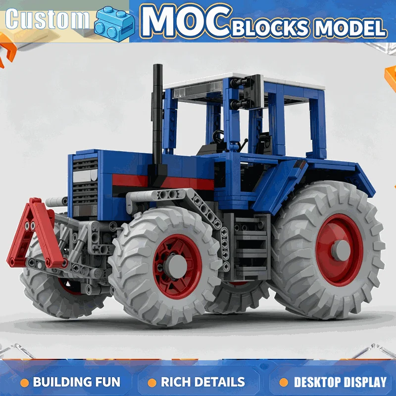 1062Pcs Blue Farm Tractor Building Blocks Model With Large Tires Steering And Front Hitch Remote Control DIY Assembly Toy Gifts