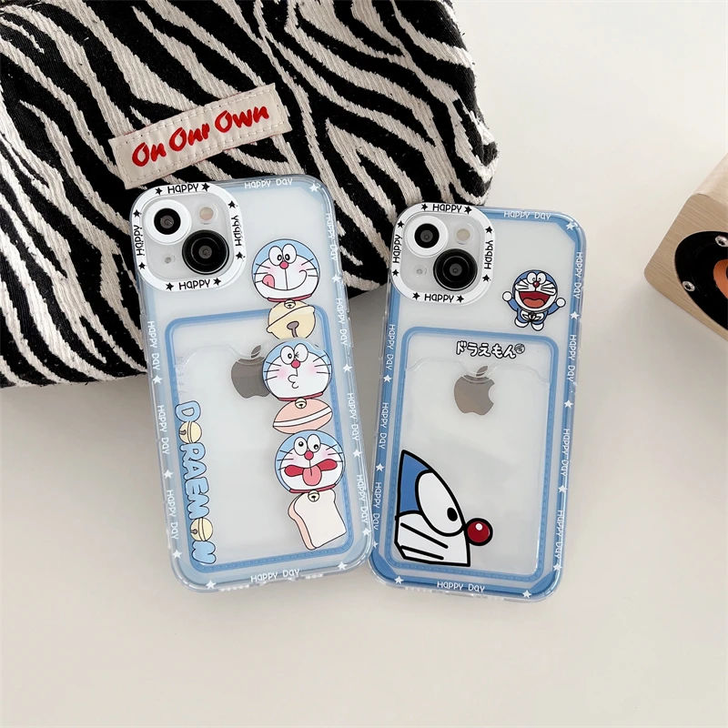 Cartoon Doraemon Soft Silicone Case for iPhone 15 14 13 12 11 Pro Max Mini XR XS X 8 7 Plus SE 2020 Silm Card Holder Back Cover