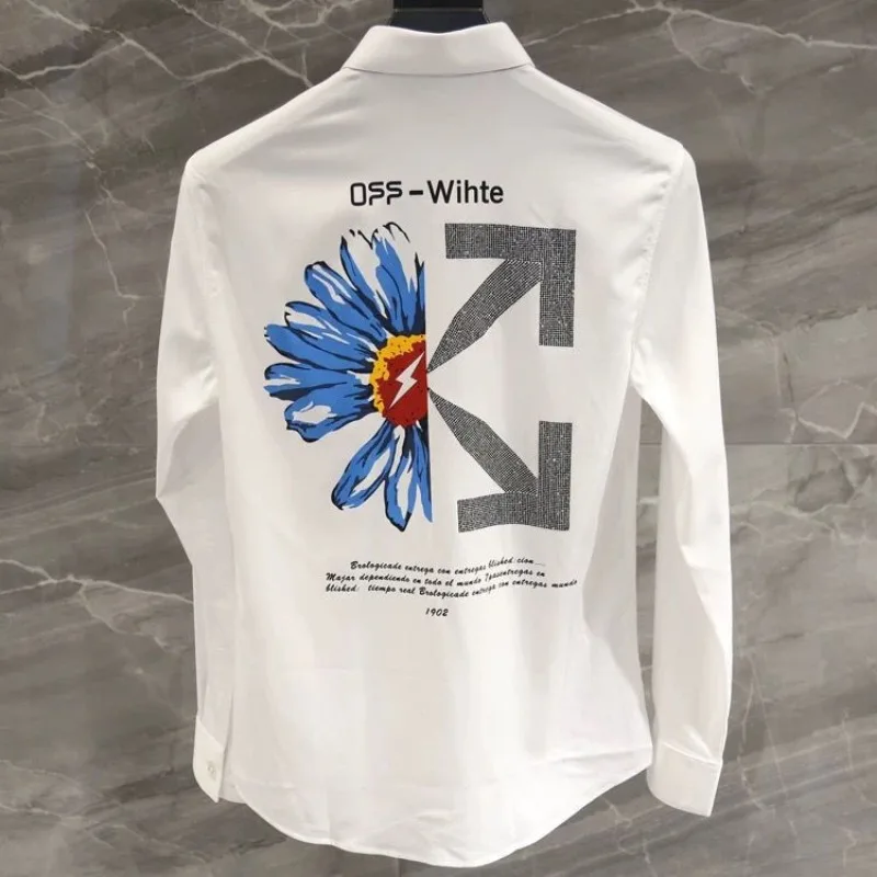 Men's Clothing Spring and Autumn high quality Distinctive Daisy Digital Print Arrow Slim-fit Long-sleeved Casual Stretch Shirt