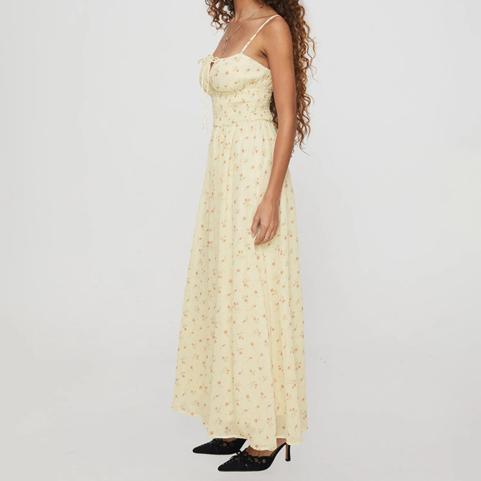 Mulheres verão cinta de espaguete boêmio deslizamento vestido sem mangas tie-up floral impressão solta vestidos longos