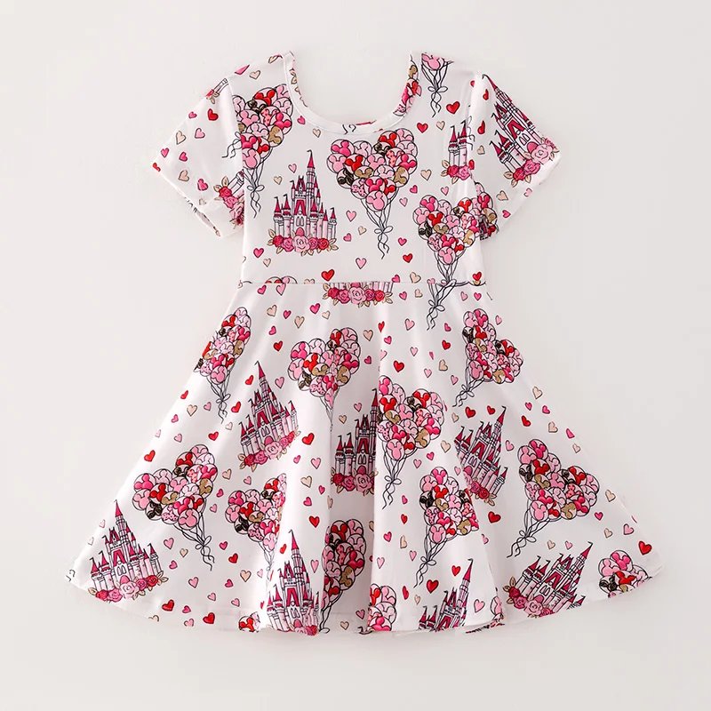 Girls Spring Summer Valentine's Day Balloons Print Dress Short Sleeve Twirl Dress