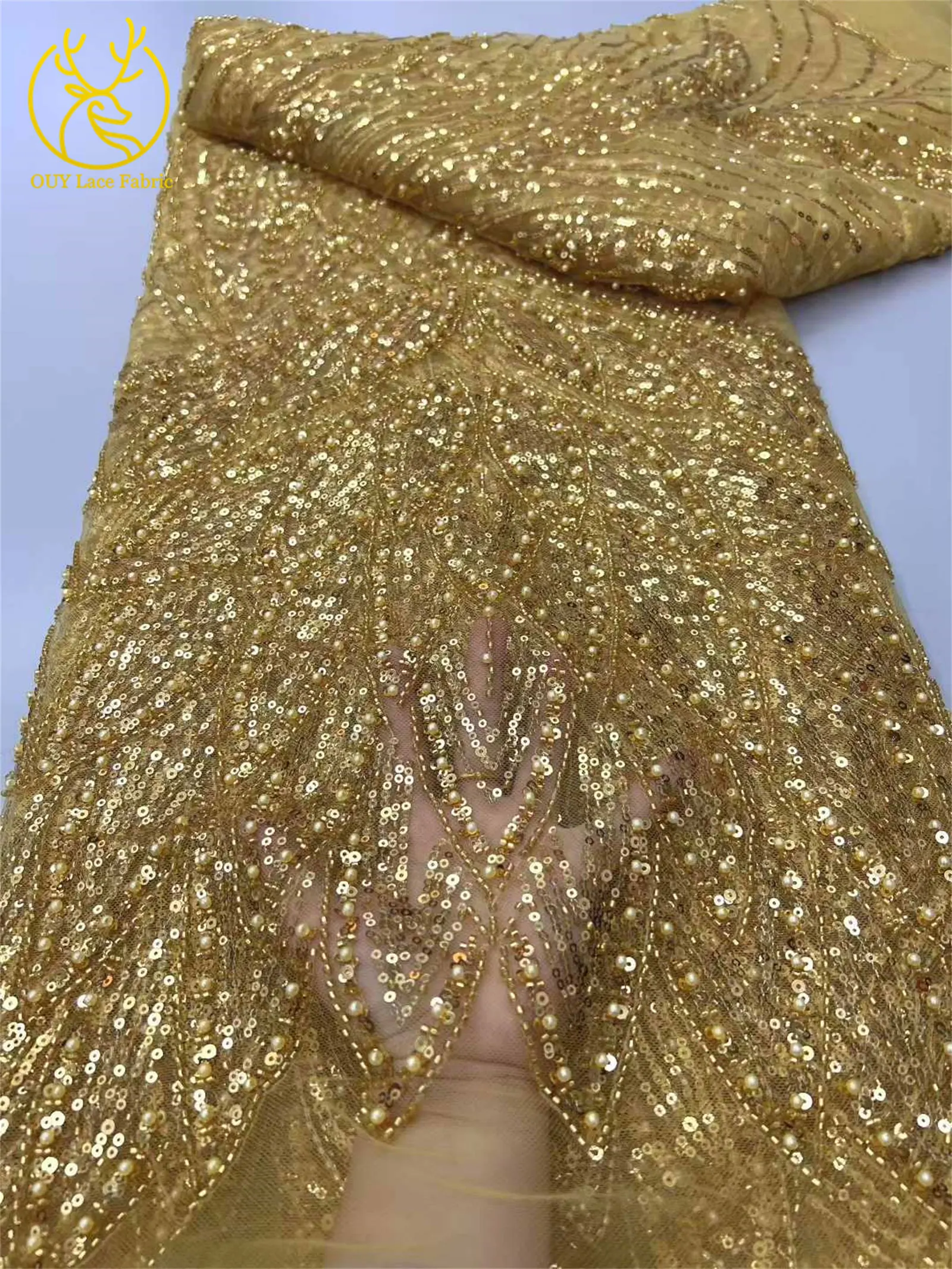 Hot Selling African Beaded Tulle Lace Fabric 5 Yards Fashion French Nigerian Sequins Mesh For Ladies Party Wedding Dress Fabrics