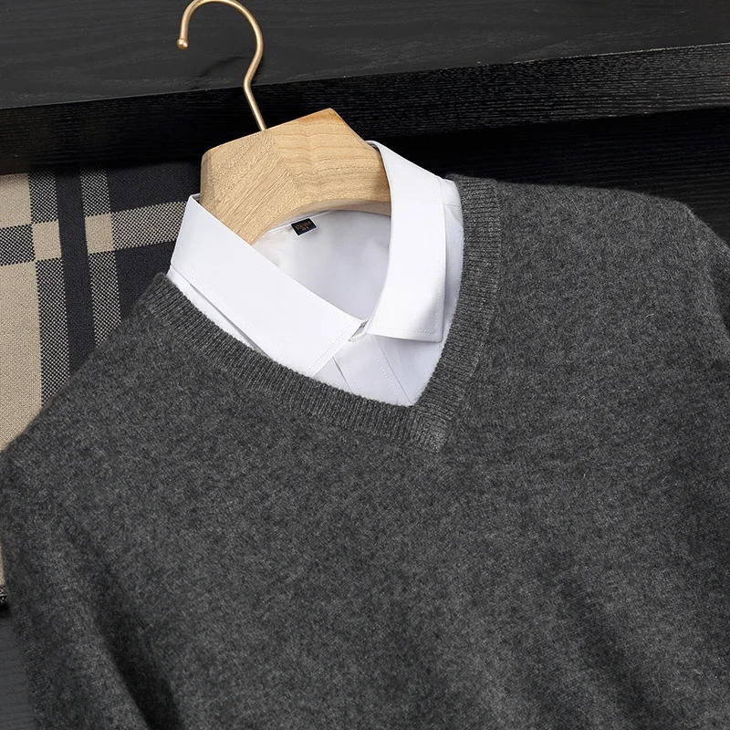 Autumn And Winter New 100% Cashmere Sweater Men's V-Neck Business Casual Knit Bottoming Shirt Plus Size Pullover Sweater