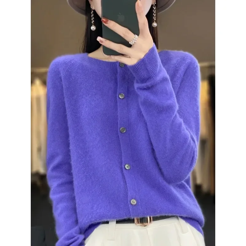 

Long Sleeve Cashmere Women Knitted Sweaters 100% Pure Merino Wool Spring Autume O-Neck Top Cardigan Non-Connect One Line N104