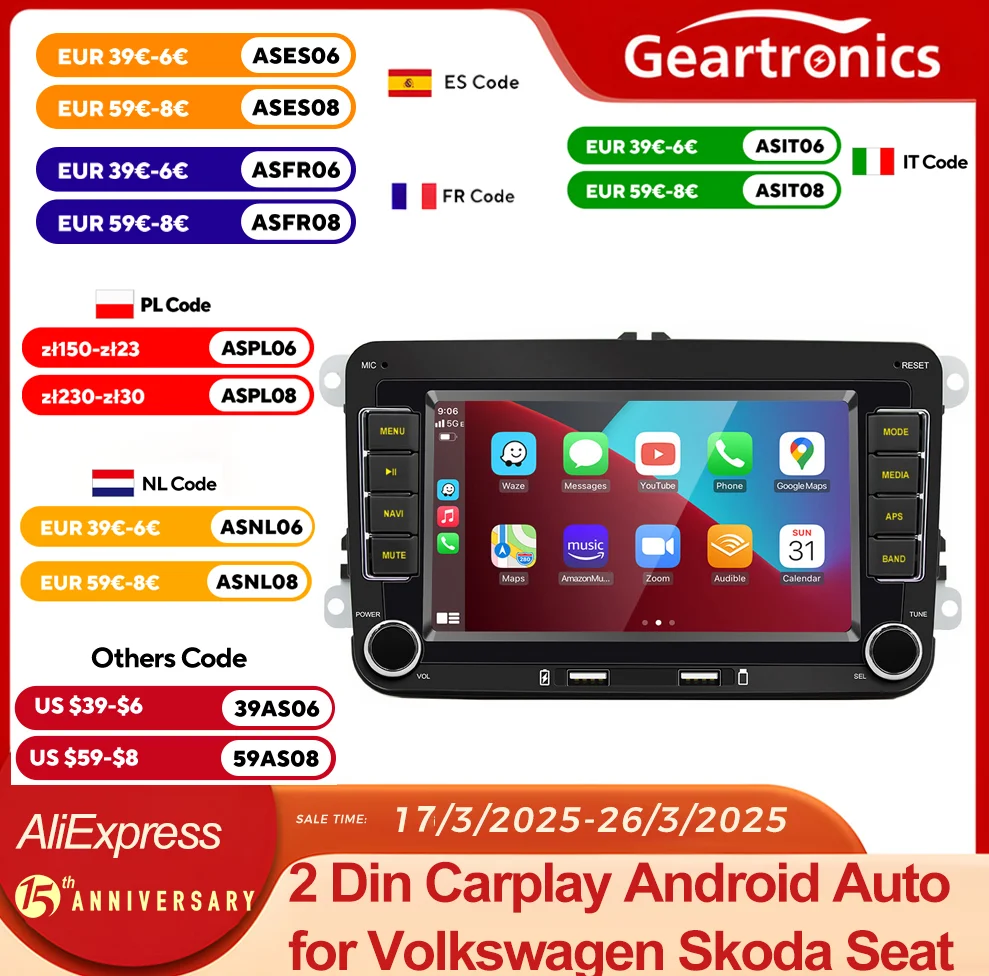 Autoradio Android 12, 2 DIN, GPS, WiFi, Carplay, Lecteur Stéréo, pour Voiture VW, Volkswagen, Skoda, Golf 5/6, Touran, Passat, Polo