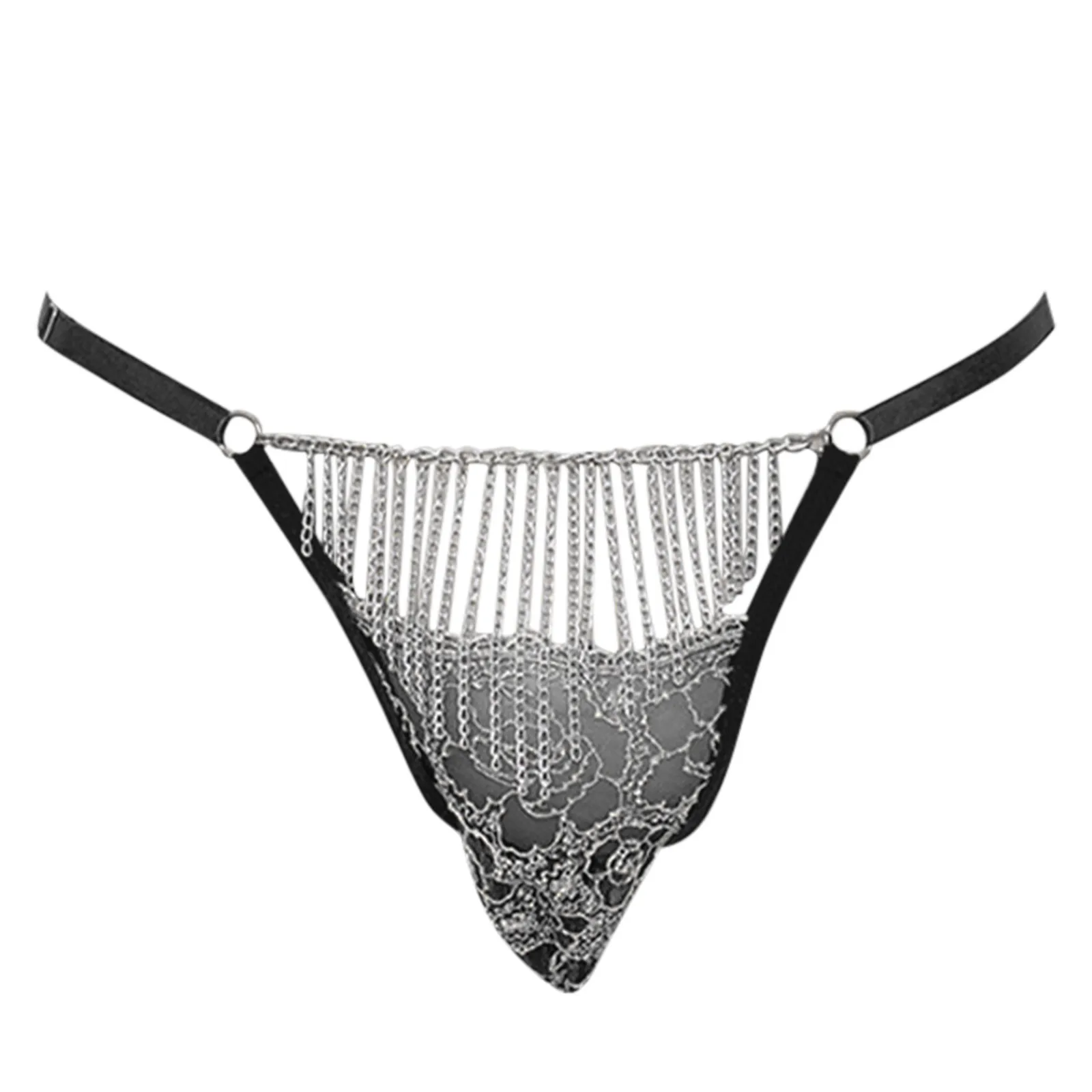 Mens Sexy Chain Floral Lace G-String Mesh T Back Hollow Out Transparent Gay Thong Exotic Underwear Sissy Crossdress Underpants