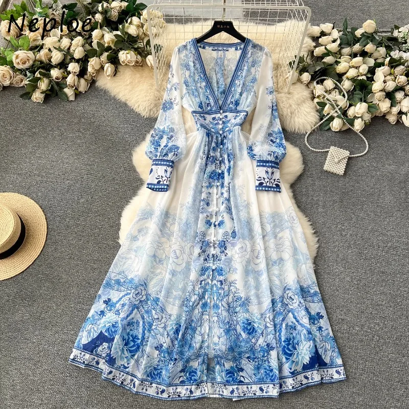 Neploe Sweet Vintage V-neck Print Dress for Women 2024 Summer New Slim Waist Dresses Y2k Long Sleeve Loose Vestidos Mujer