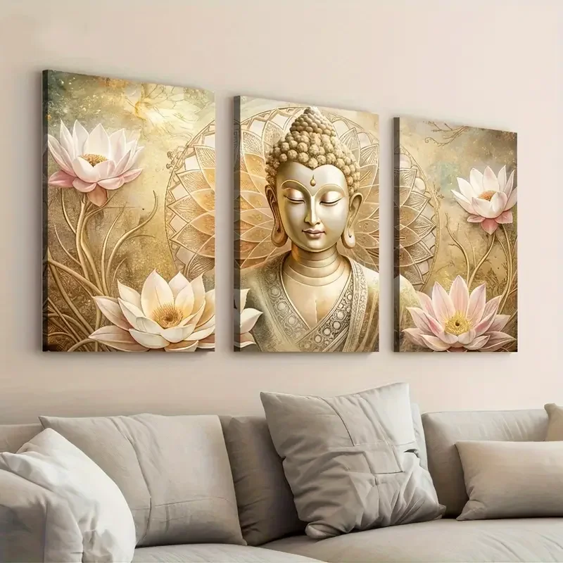 

Pink Lotus Buddha Landscape 3Pcs Diamond Painting Triptych Diy Cross Stitch Full Drills Diamond Mosaic Art Embroidery Kits