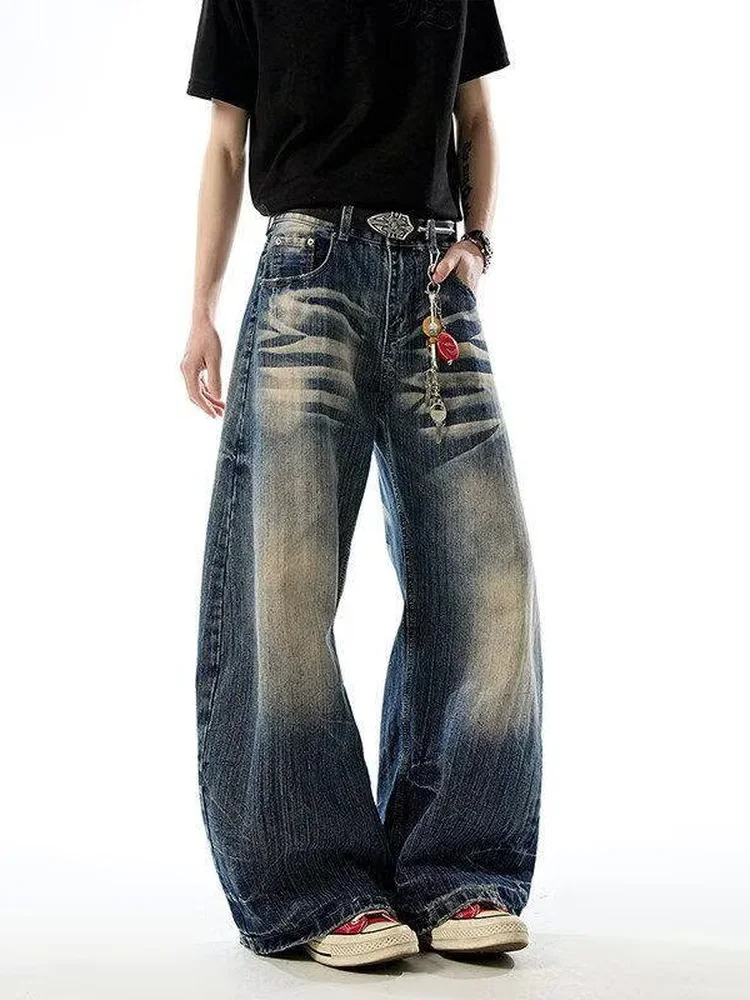 Retro American Street Washed  Jeans Men's Autumn Wide Leg Draped Sense Cool Casual Straight Tube Loose Fit Denim Pants