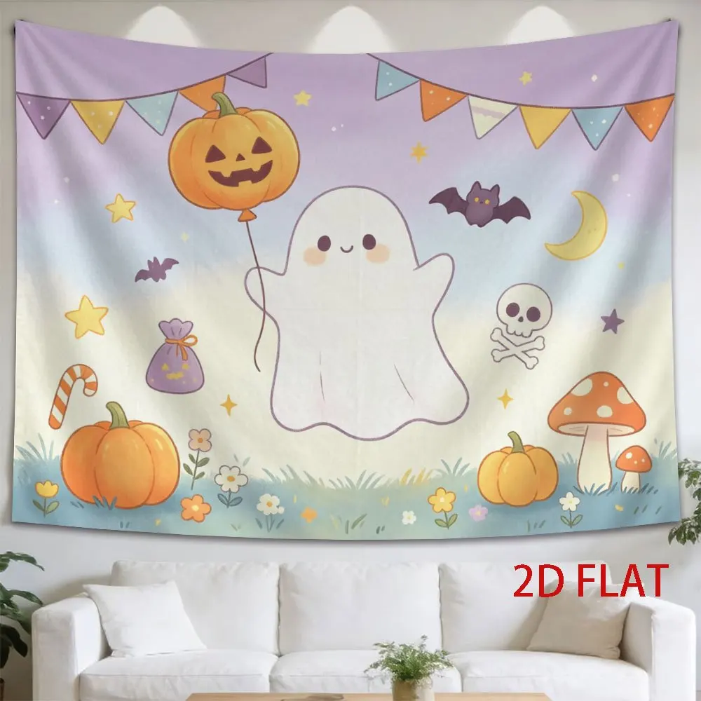 2D Flat Printed Cute Ghost Holding Jack-O'-Lantern Balloon Tapestry Starry Sky Bats Mushroom Pattern Wall Hanging Halloween Scen