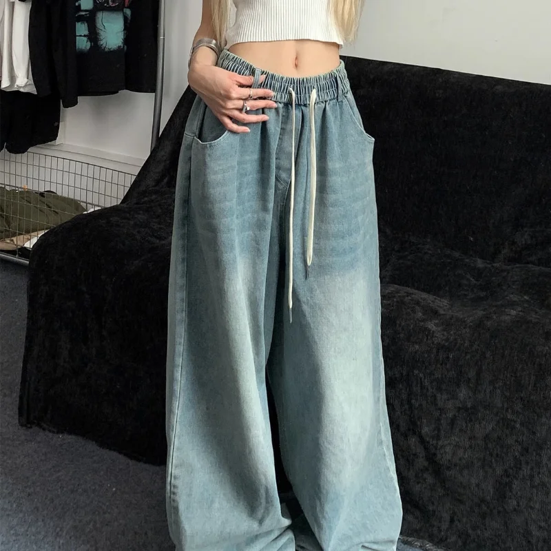 

Spring Summer Large Size Elastic Straight-leg Denim Wide-leg Pants Loose Floor-length Fashion Cool Jeans