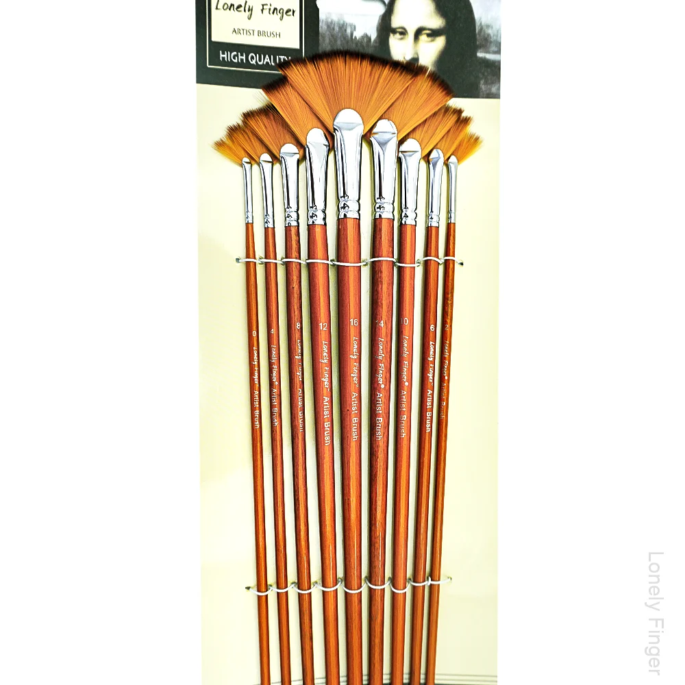 مجموعة فرش طلاء مروحة الفنان مكونة من 9 قطع، أطراف فرشاة مضادة لتساقط الشعر من النايلون، مقبض خشبي لعقد مريح، أكريليك O #4