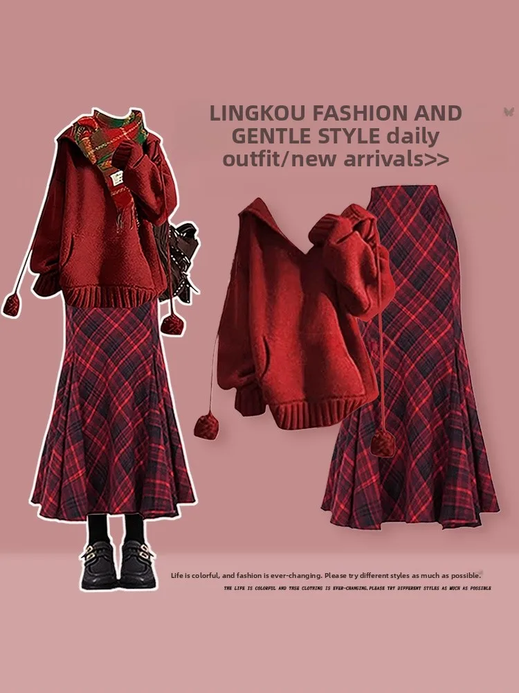 

Stunning Cisas Knitted Sweater And Plaid Fi Tail Skirt Set plus Size Autumn Winter Faion Women's Red Ensemble