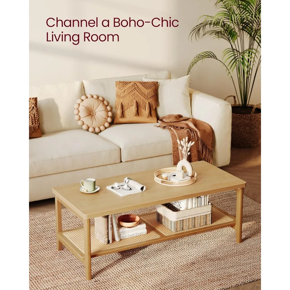 طاولة قهوة من طبقتين لغرفة المعيشة، طاولة غرفة معيشة مستطيلة، مع رف تخزين من الروطان PVC، زوايا مستديرة، سهلة #5