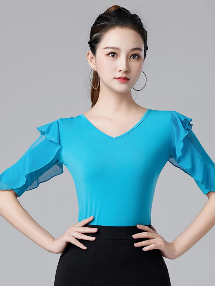Haut de salle de bal latine pour femmes, coupe cintrée, couleur unie, manches à volants, demi-longueur, vêtements de danse, Tango Samba Rumba, pratique de Performance sur scène