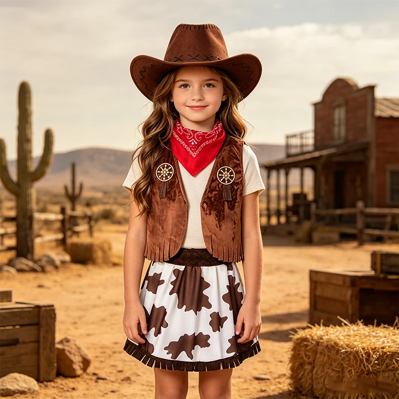 Mädchen Western Cowgirl Komplettes Cosplay-Kostüm-Set Kinder Halloween Karneval Geburtstag Wilder Westen Faschingskostüm – Detail 4