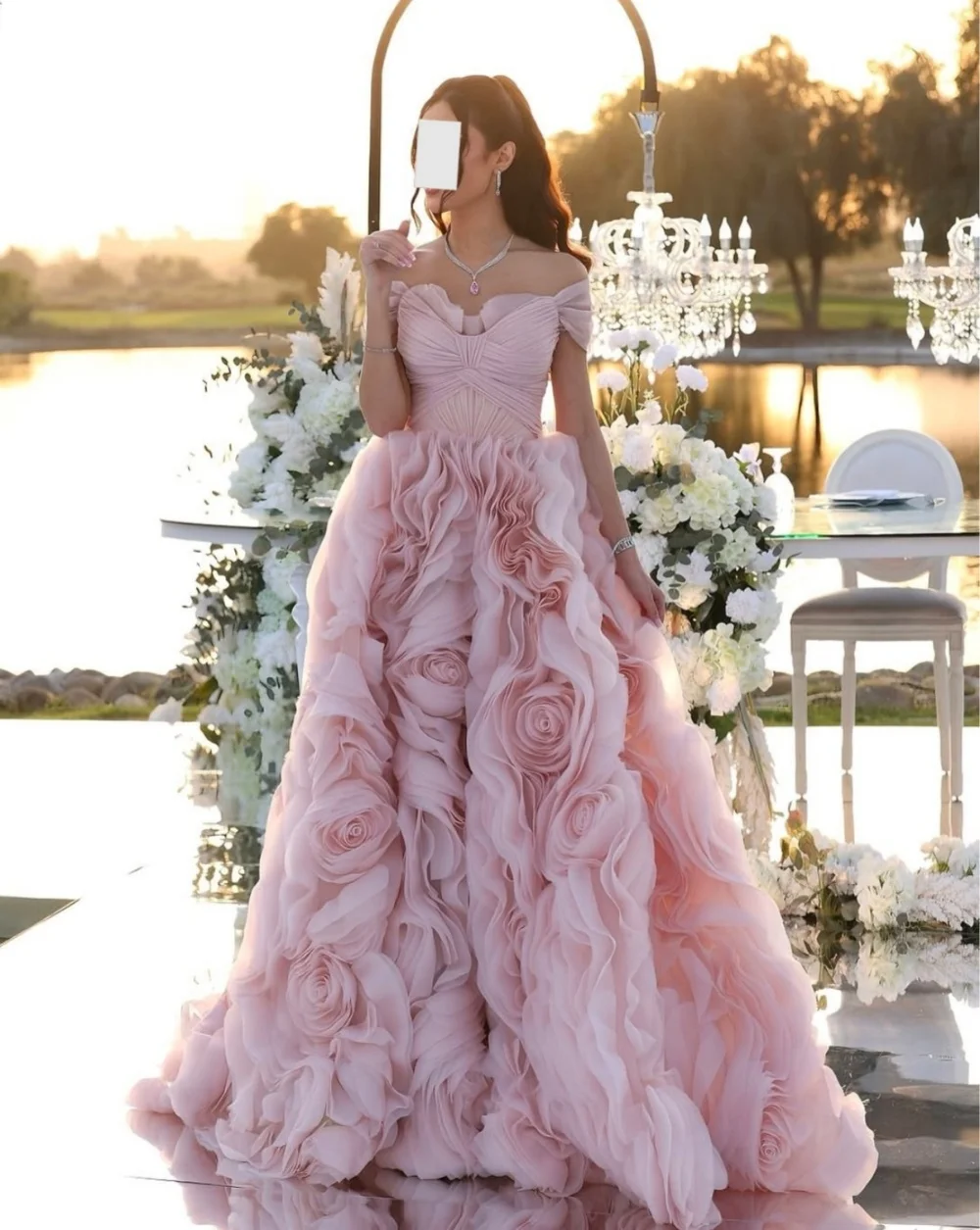 Customized Organza Pleat Ruffle Off-the-shoulder A-line Long Dresses Bespoke Occasion Wedding Party Gown Exquisite Formal