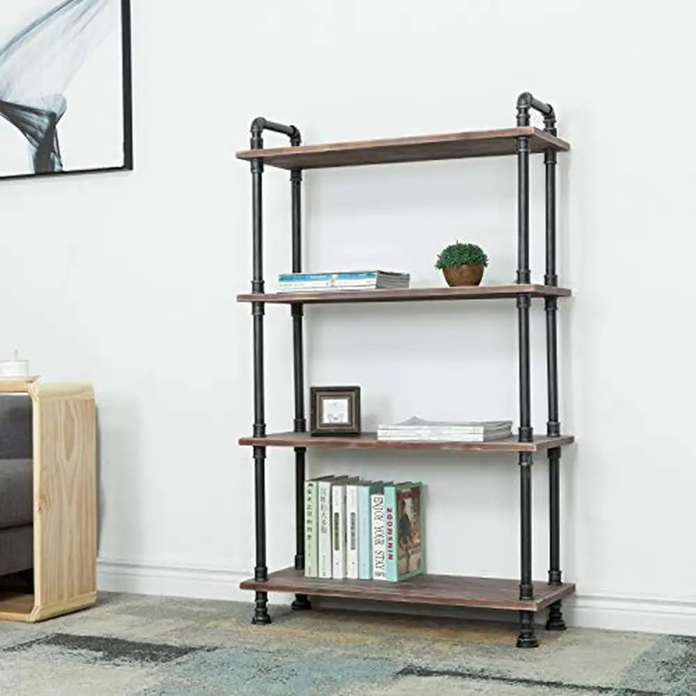 Bibliothèque Industrielle à 4 Niveaux en Bois Massif et Tuyau, Style Rustique Moderne, Étagères en Bois Ouvert, Table de Bout Multifonctionnelle, Durable, 55 "H x