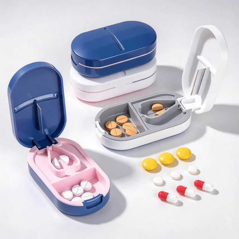 Mini Pill Cutter Portable 2 in 1 with Invisible Storage Box Drug Tablet Medicine Dustproof Divider Organizer Crusher Pill Box