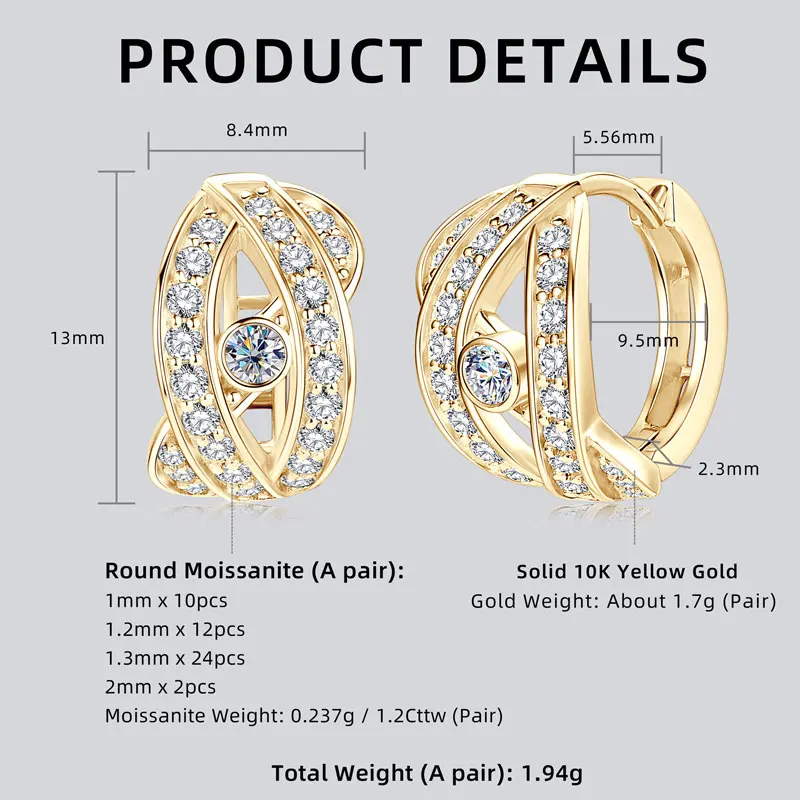 Real Gold 10K Moissanite Clip Earrings Luxury Eye in the Sky Design Earrings Small Hoops Huggie for Women Jewelry GRA Certified