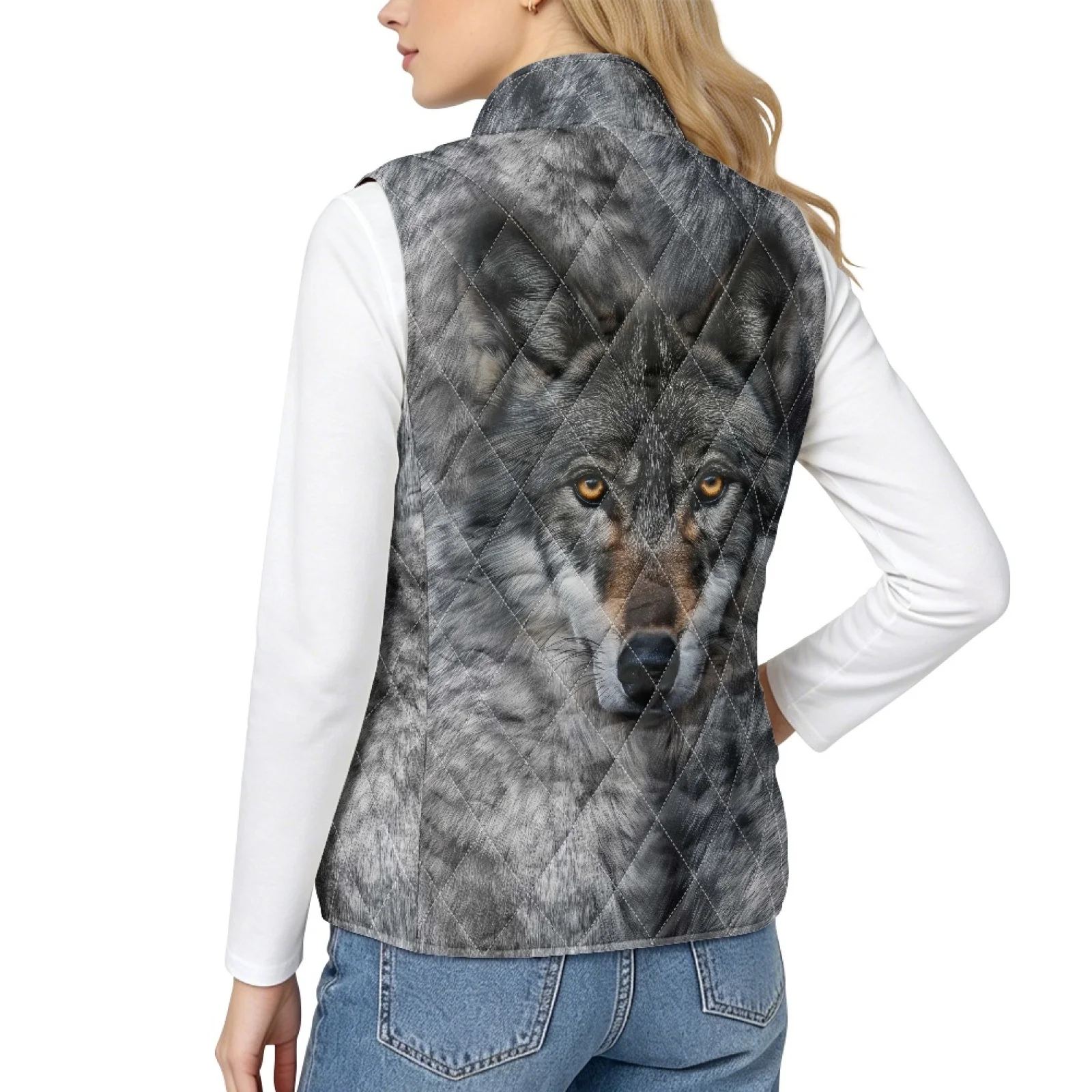 PENSTROLL Wolf Zip up Diamond Pattern Vest Easy to Pack Quilted Jacket Vest for Women Womens Jackets for Daily Wear Winter