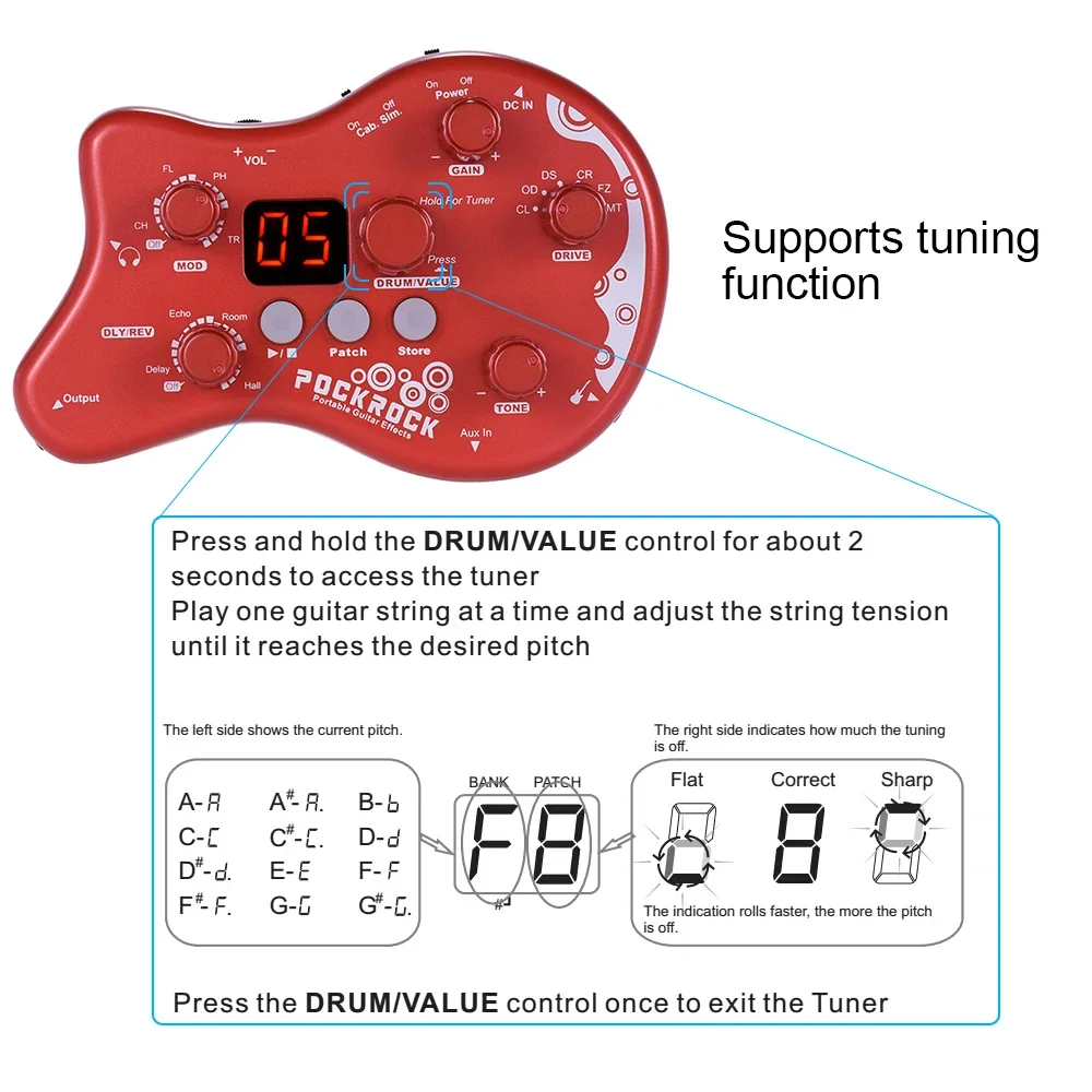 PockRock Portable Guitar Multi-effects Processor Effect Pedal 15 Effect Types 40 Drum Rhythms Tuning