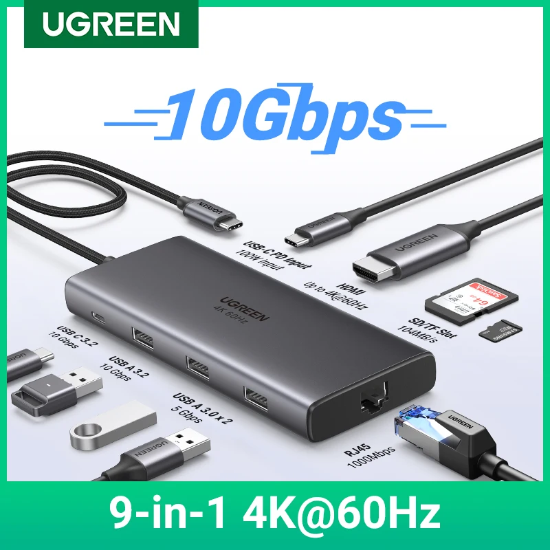 UGREEN HUB USB-C do 4K60Hz HDMI RJ45 Gigabit PD100W SD&TF USB3.2 10Gbps Rozdzielacz do MacBooka Akcesoria do Laptopa Stacja Dokująca