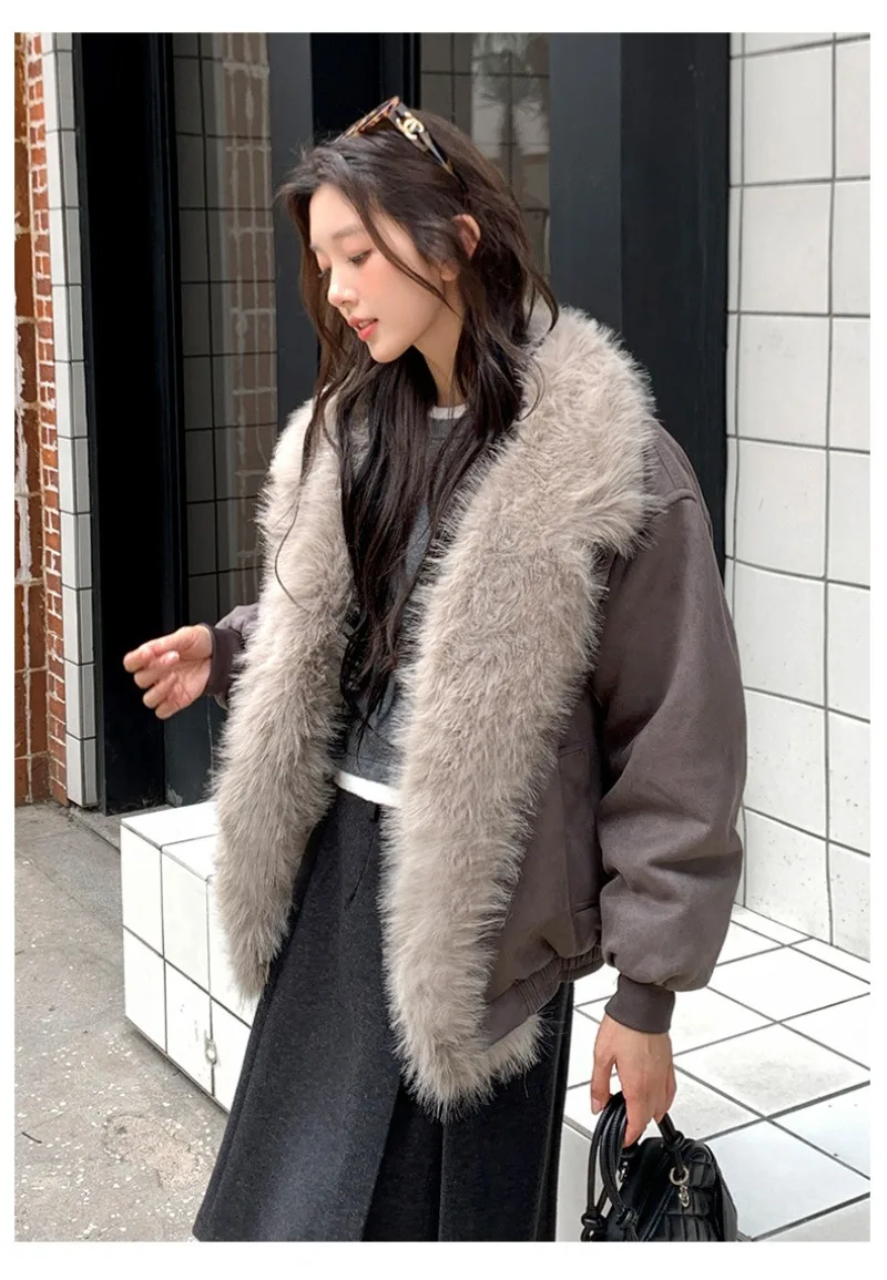 2026 Fashion Down Cotton-padded Jacket Women's Winter Coats Long Fur Collar Short Parkas Thicken Warm Streetwear Loose Outerwear