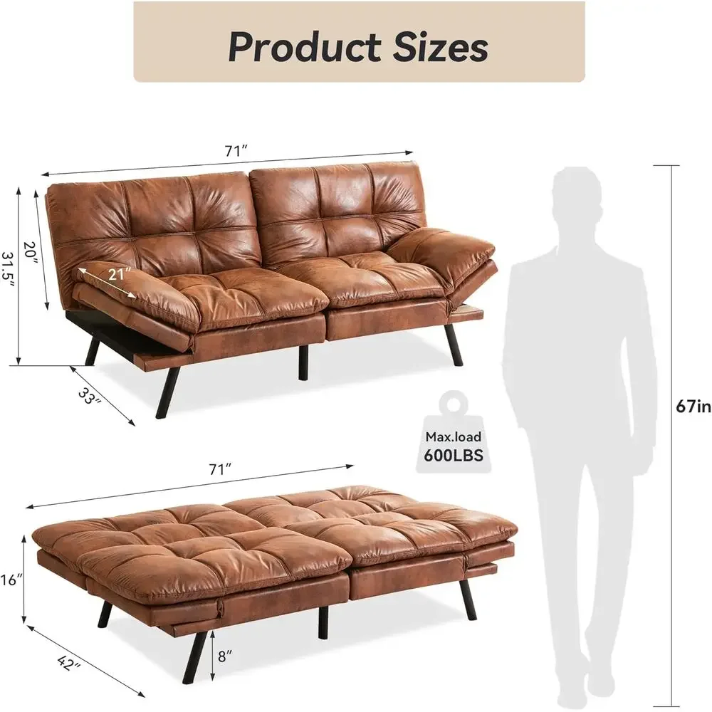 Convertible Sofa Bed, Brown Leather Couch, Memory Foam Reclining Sleeper Sofa, Small Loveseat Couches for Living Room