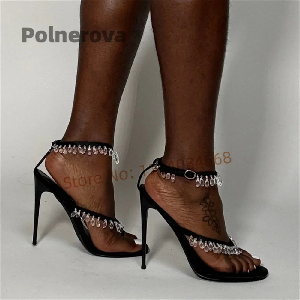Clip Toe Crystal Sandals for Women Sexy Black String Bead Summer High Heels Trendy Black Stiletto Wedding Shoes Flip Flops