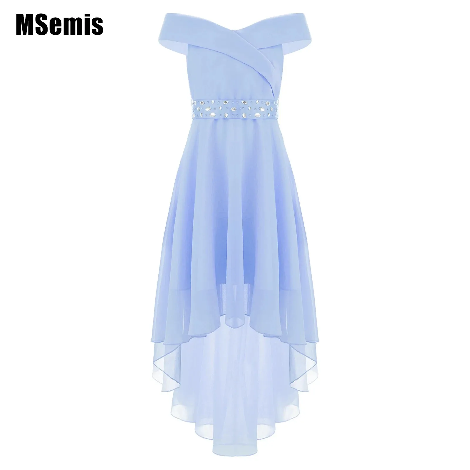 

Kids Girls Elegant Solid Color Chiffon Dress with Shiny Rhinestone Sash Sweetheart Off Shoulder High-Low Hem Party Dress