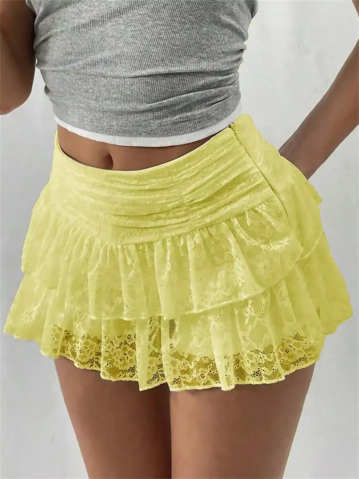 Womens High Rise Lace Ruffled Mini Skirt