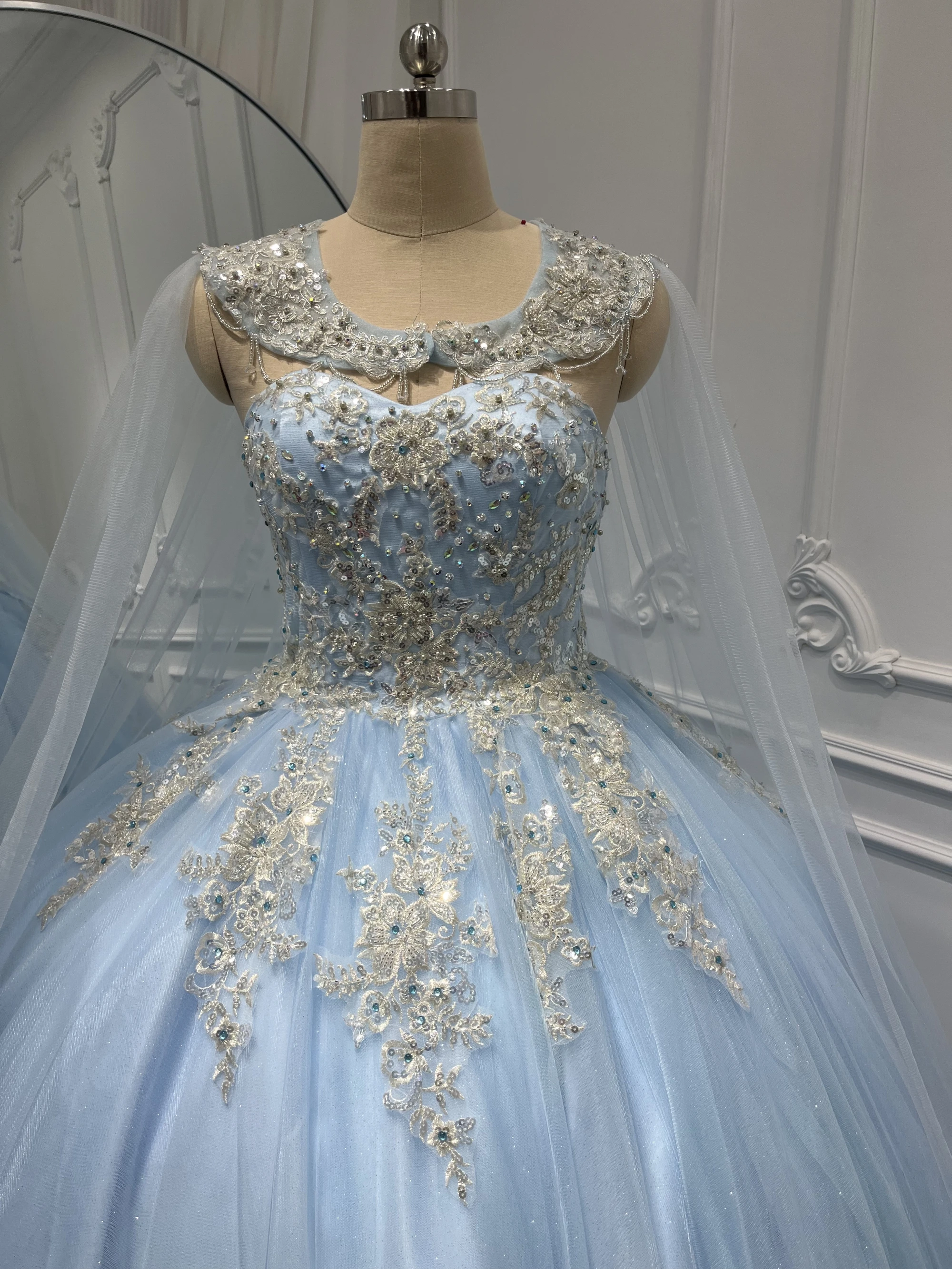 Ashely Alsa Luxury Sky Blue Princess Quinceanera Dresses With Long Cape Ball Birthday Party Dress Sweet 16 Vestido De 15 Anos