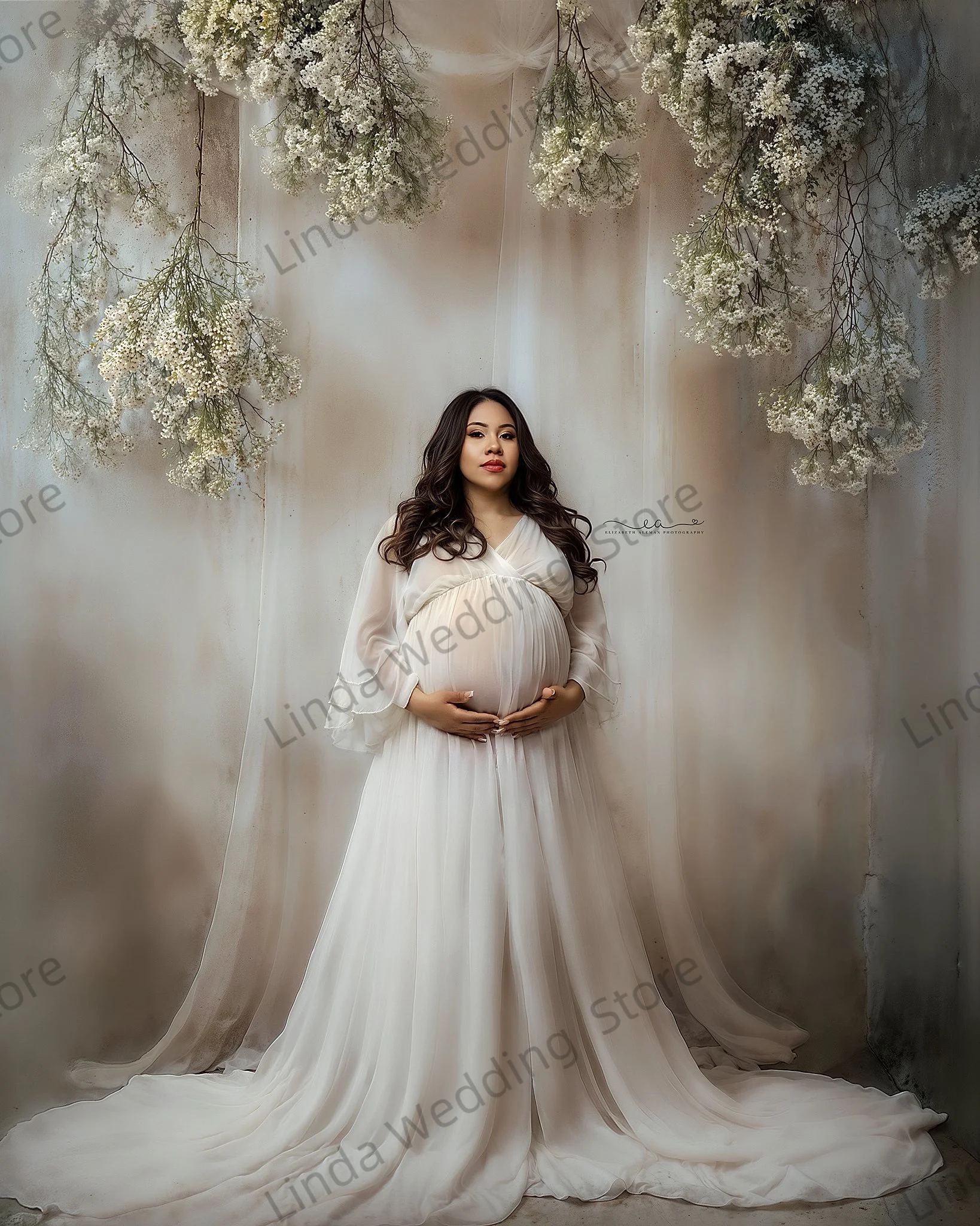 Skromna suknia ciążowa w kolorze kości słoniowej do sesji zdjęciowych, fason A, dekolt w serek, bez rękawów, suknia galowa, szyta na miarę, seksowna suknia ciążowa na baby shower.