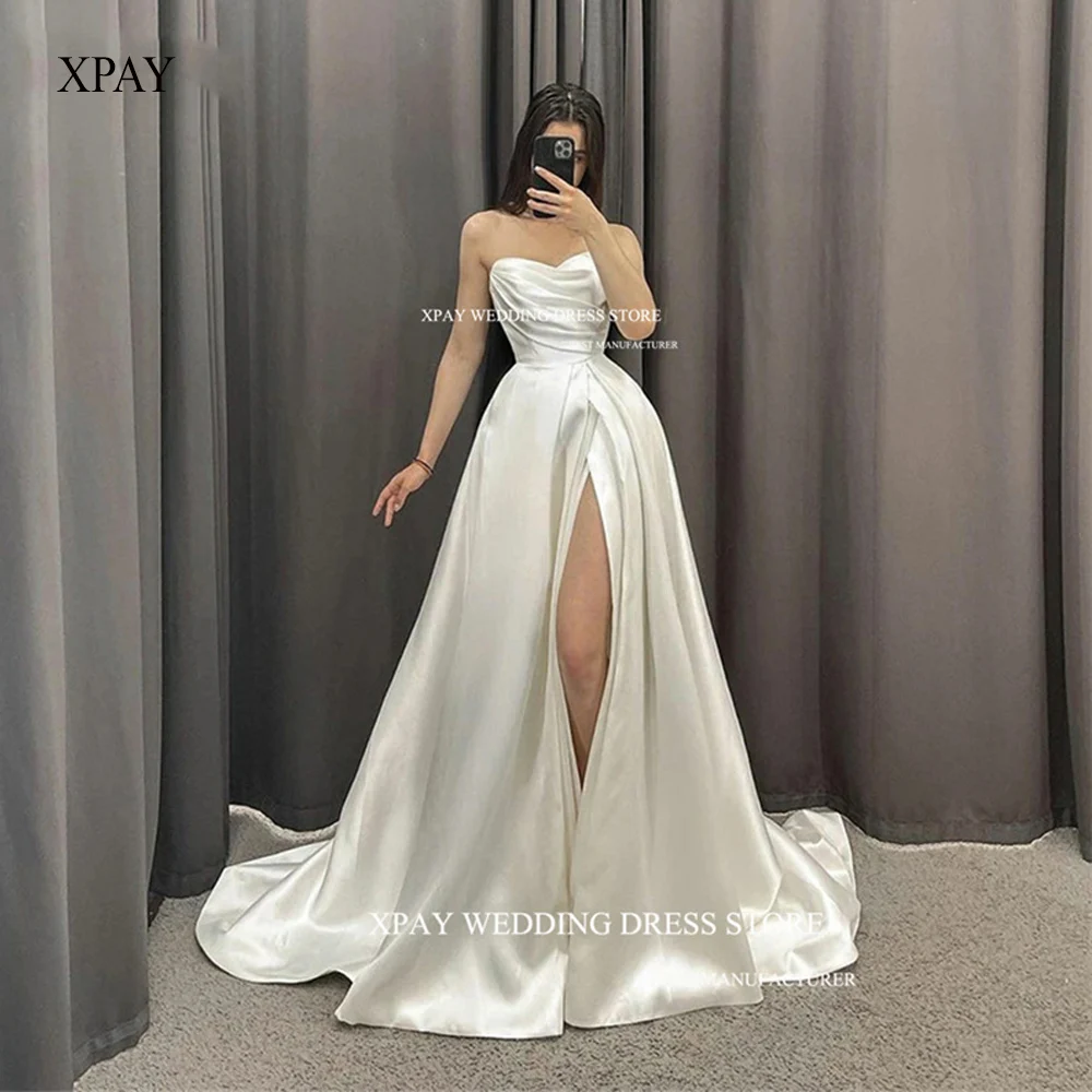 

XPAY Simple A Line France Silk Satin Wedding Dress Sweetheart Split Pleats Sweep Train Bridal Gowns Plus Size vestidos de novia