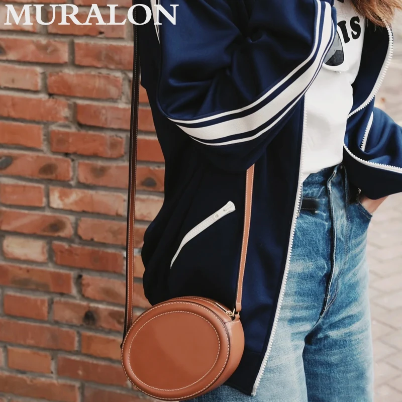 Genuine Leather Women Mini Bag 2024 New Fashion Casual All-match Shoulder Crossbody Small Round Bag Pink Cute Bag Vintage Purse